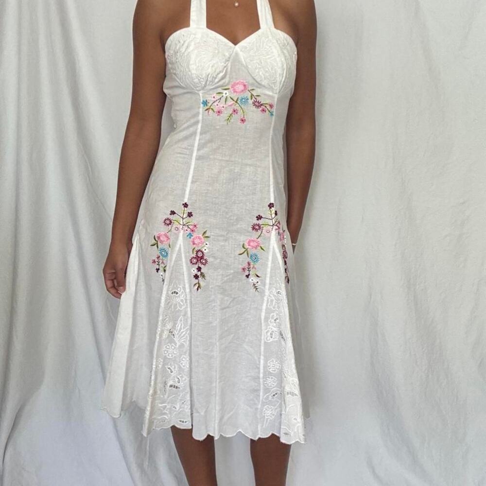 Y2k White Halter Midi Dress Cotton Floral Embroidered Sweetheart Charlotte Russe